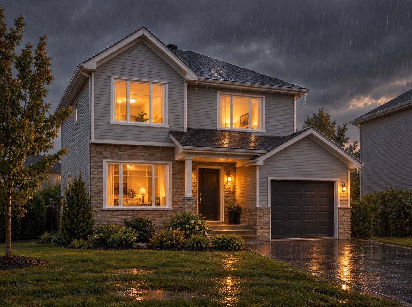 Maison de banlieue sous une pluie d'automne, fenêtres éclairées de l'intérieur